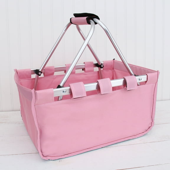 Threadart Large Collapsible Market Basket - Pink | Aluminum Frame | Polyester Fabric | Convenient Fold Flat Design |Reusable Space-Saving Shopping Tote, Gift Basket, Beach Basket, Picnic Basket