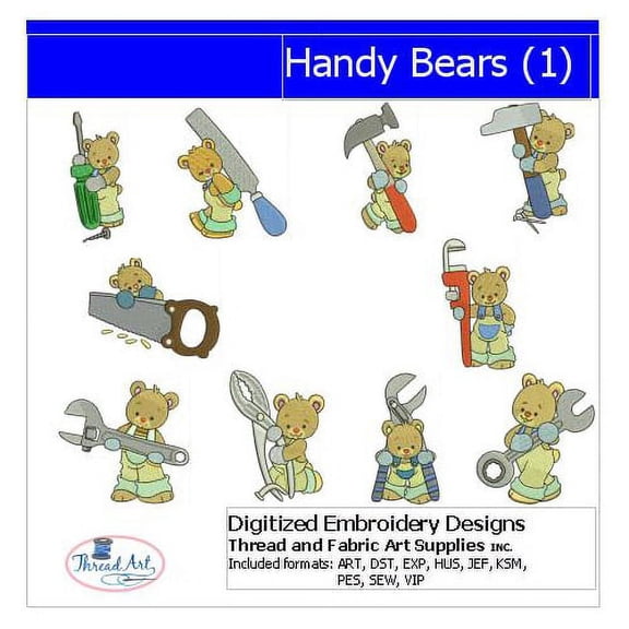 Handy Bears(1) Embroidery Designs - All Popular Formats Included - Loaded on USB Stick