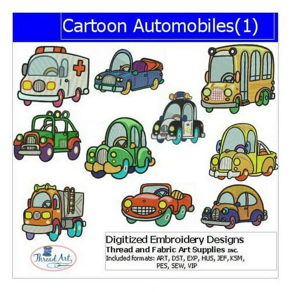 Threadart Machine Embroidery Design Bundles - Children Sets - Cartoon Autos(1) - Loaded On USB Stick - Over 40 Sets Available