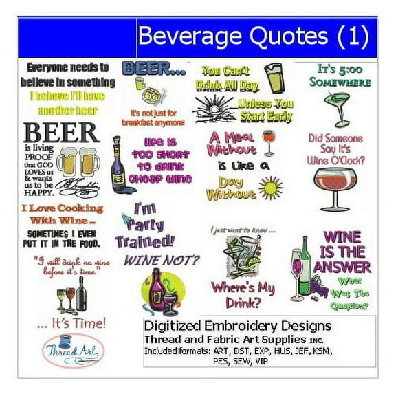 Threadart Machine Embroidery Design Bundles - Food & Beverage Sets - Beverage Quotes(1) - Loaded on USB Stick - Over 10 Sets Available