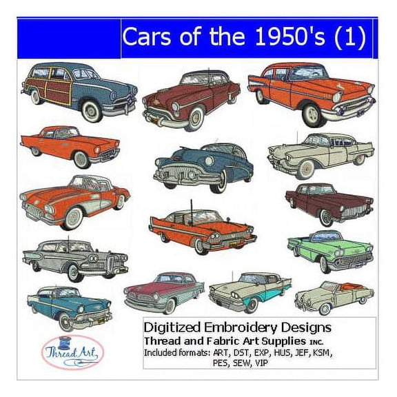 Threadart Machine Embroidery Design Bundles - Hobby & Activity Sets - Cars of the 50's(1) - Loaded on USB Stick - Over 15 Sets Available