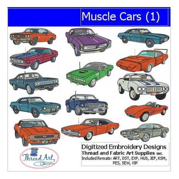 Threadart Machine Embroidery Design Bundles - Hobby & Activity Sets - Muscle Cars(1) - Loaded on USB Stick - Over 15 Sets Available