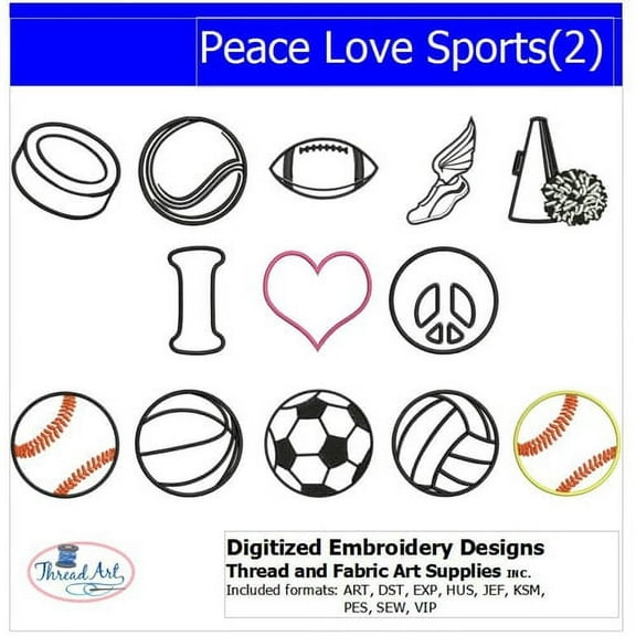 Threadart Machine Embroidery Design Bundles - Sport Sets - Peace Love Sports(2) - Loaded on USB Stick - Over 25 Sets Available