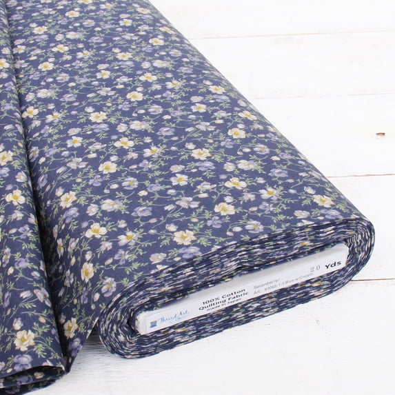 Threadart Sevenberry Navy Vintage Rose Cotton Quilting Fabric - By the Yard