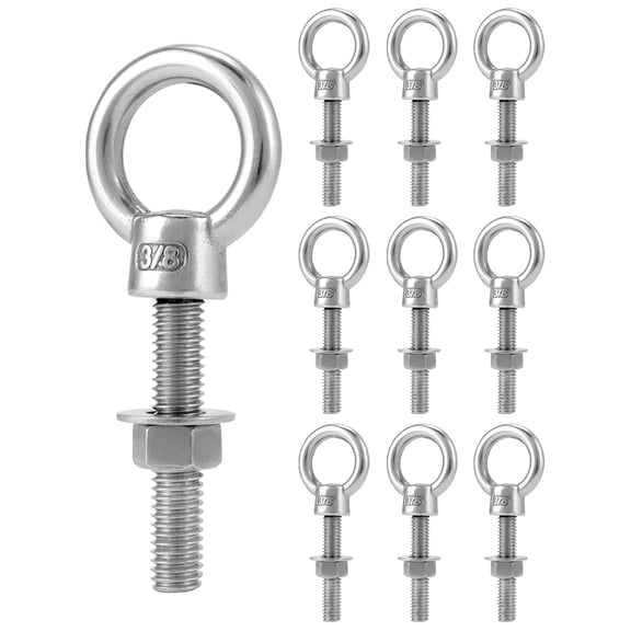 Threaded Eyebolts, 10 Pack 3/8" x 2" Long 304 Stainless Steel Marine Grade Shoulder Eye Bolt