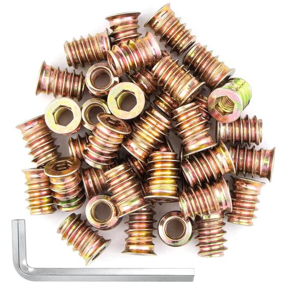 Threaded Insert 1/4"-20 x 15mm 40Pcs, Nut Threaded Wood Inserts Furniture Screw Connector for Wood Furniture with 6mm Hex Spanner