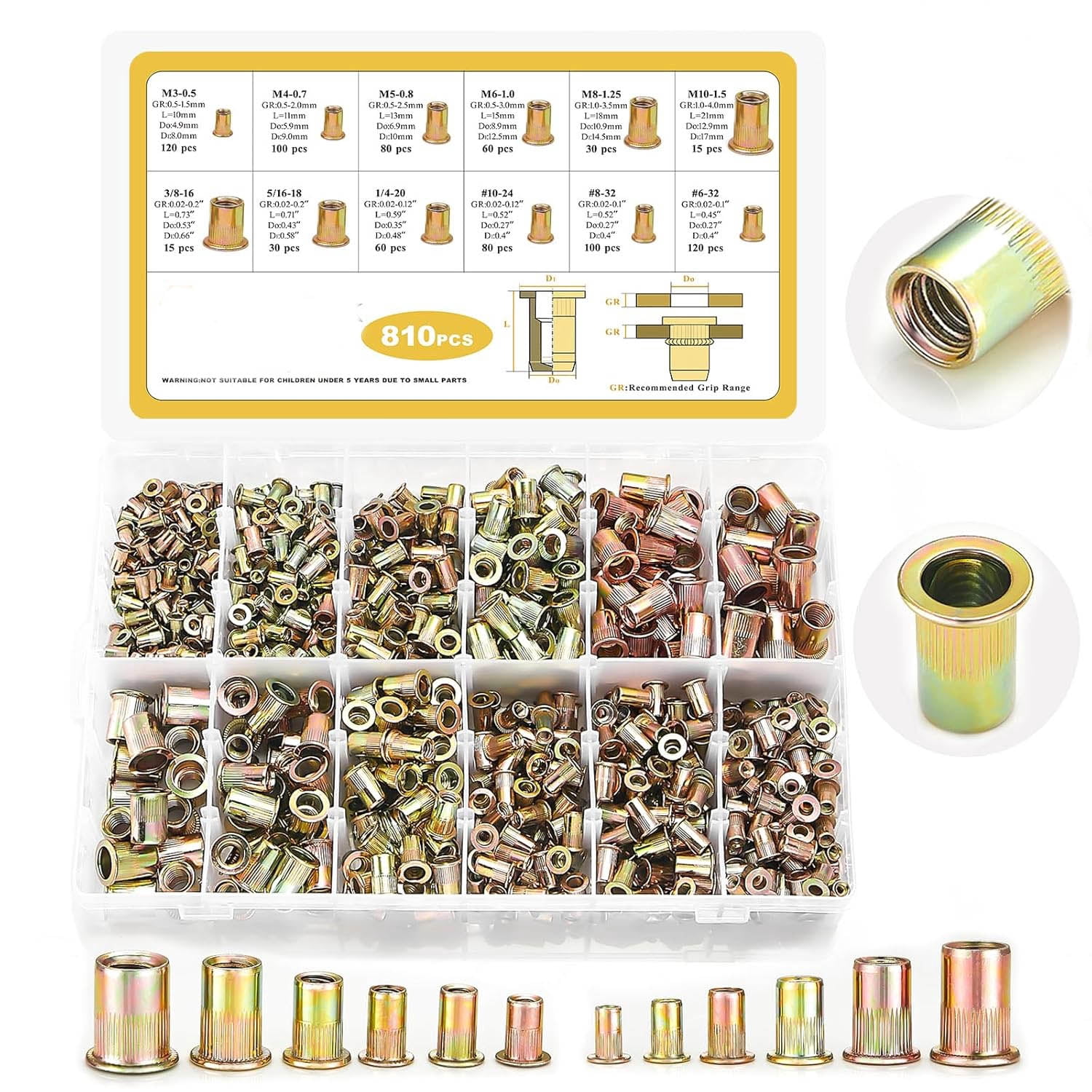 Threaded Inserts, Female Thread Metric Knurled Nuts Assortment Kit ...