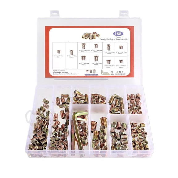 Threaded Inserts for Wood, 1/4"-20, 5/16"-18, 3/8"-16 Threaded Wood Inserts Furniture Screw Assortment, Wood Threaded Inserts with Hex Wrench