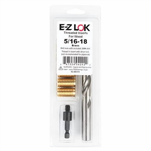 Threaded Inserts for Wood Installation Kit, Brass, 5/16-18 Internal Threads, 1.00" Length, 6 Pieces, Hardwood Applications$$Hardware