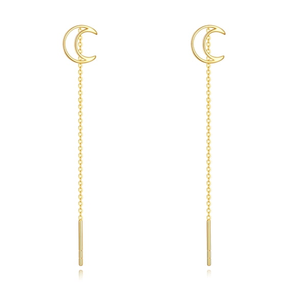 Threader Earrings 14k Solid Gold Moon Pull Through Long Piercing Earrings Ear Line Eardrop Jewelry for Women (Moon)