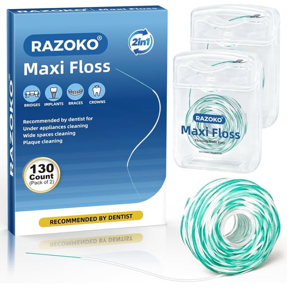 Threader Floss for Braces,Implants,Bridges-130 Count Pre-Measured Strands 2-in-1 Expanding Waxed Dental Floss for Deep Clean,Light Mint Flavored