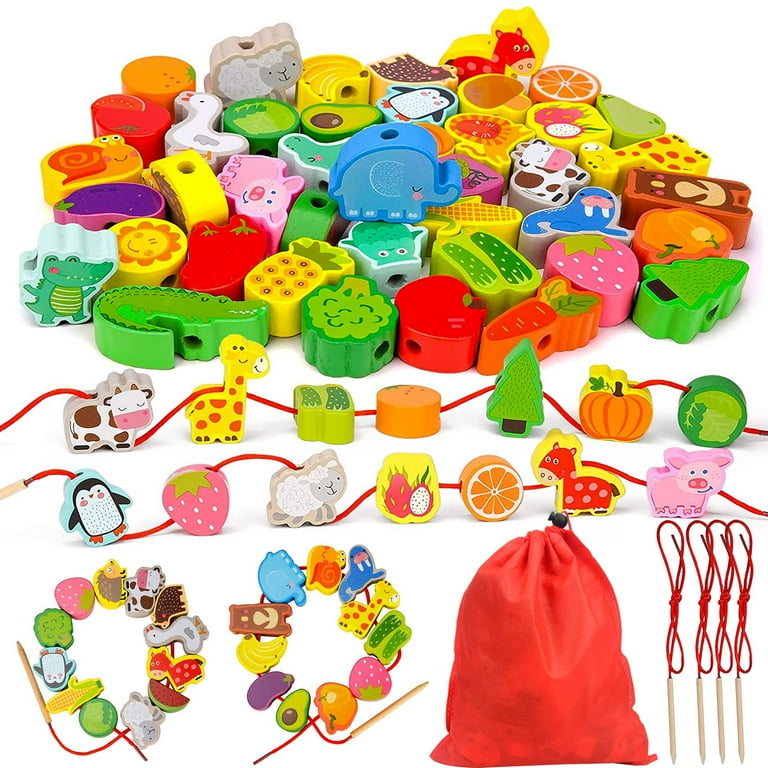 Threading Toys Animals Vegetables Fruits Wooden String Lacing Beads Toys Montessori Educational Threading Beads for 2 3 4 5 Year Olds Boys Girls Preschool Kids Walmart