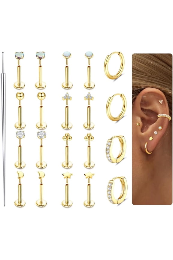 Threadless Flat Back Earrings Studs 316L Surgical Steel Cartilage Earrings for Women Men Push in Nose Rings Studs 20G 18G 16G CZ Opal Tragus Helix Conch Lip Labret Medusa Nostril Piercing Je...[x009]