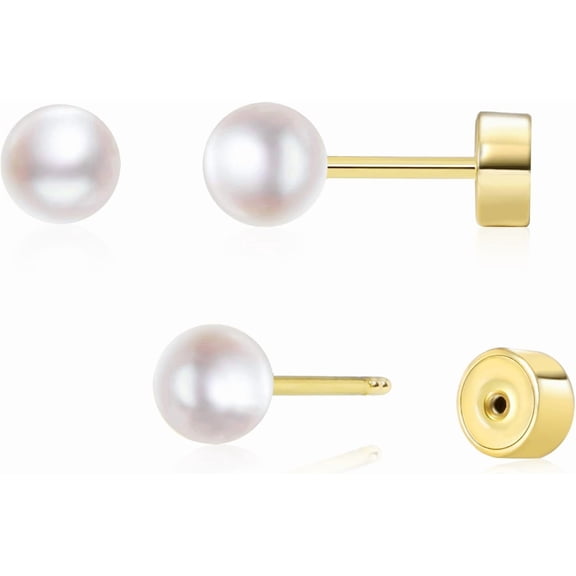 Threadless Flat Back Pearl Earrings, 14K Gold Plated Pearl Stud Earrings Hypoallergenic|Cartilage Earring|Helix Piercing Jewelry | Tragus Piercing Jewelry | Push in Flatback Earrings for Women Men