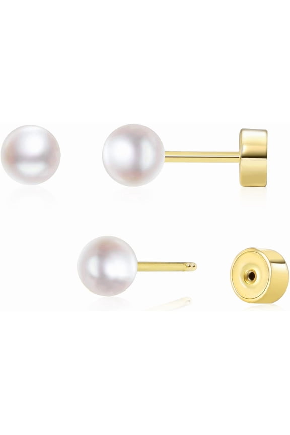 Threadless Flat Back Pearl Earrings, 14K Gold Plated Pearl Stud Earrings Hypoallergenic|Cartilage Earring|Helix Piercing Jewelry | Tragus Piercing Jewelry | Push in Flatback Earrings for Women Men