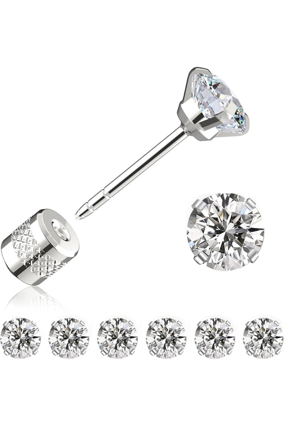 Threadless Flat Back Stud Earrings, 6 Pairs Titanium Hypoallergenic Earrings for Women Men, Cubic Zirconia Silver Gold Stud Earrings Surgical Stainless Steel Stud Earring Set for Cartilage 2-8mm