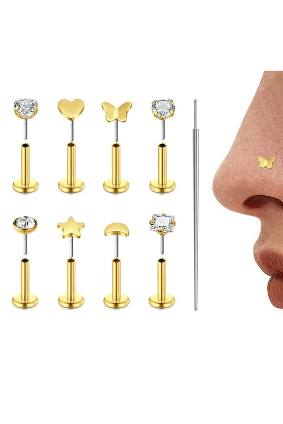 Threadless Nose Rings Stud 20G Flat Back Nose Stud Surgical Steel Push In Nose Rings