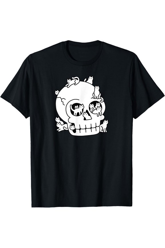 Threadless Obinsun Skull Is Full Of Cats Doodle Graphic T-Shirt, Unisex T-Shirt