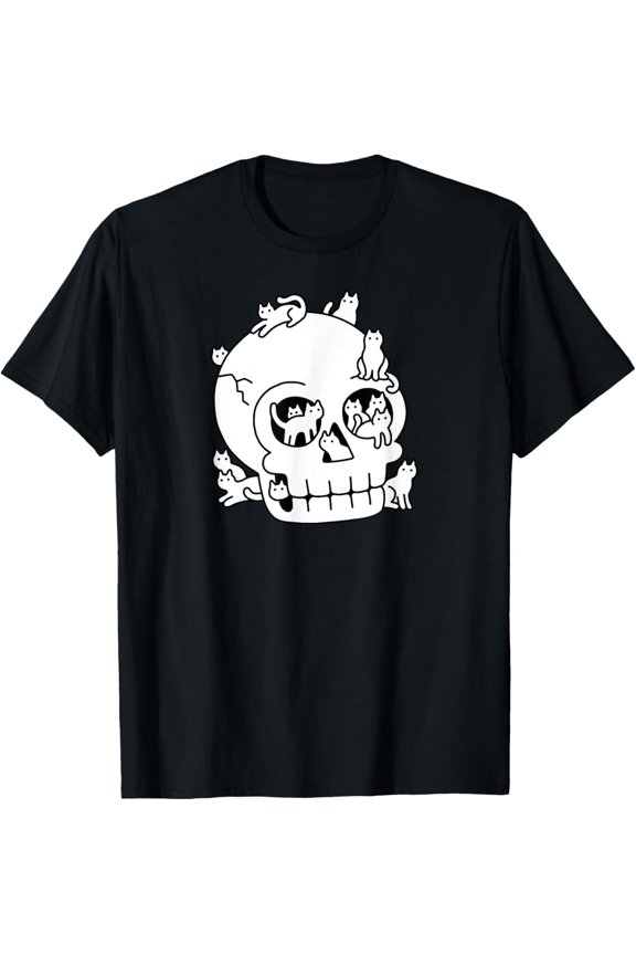 Threadless Obinsun Skull Is Full Of Cats Doodle Graphic T-Shirt