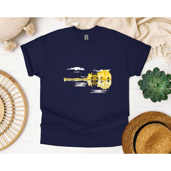 Threadly64 Bugteeth Guitar Skyline Abstract Music Art Instrument Cityscape Design Cool T-Shirt, SW, Hoodie, for Unisex, up to size 5XL.