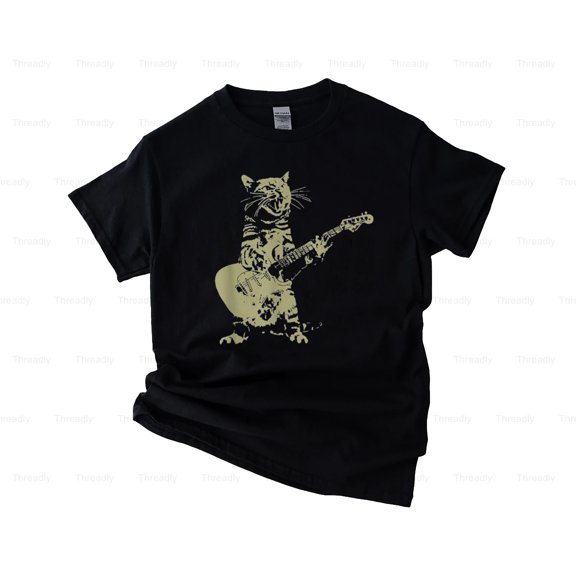 Threadly77 Guitar Cat Musician Playing Graphic Design Style Music Instrument Art Feline Player T-Shirt, SW, Hoodie, for Unisex, up to size 5XL.
