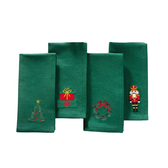 Threadmade Holiday Embroidered Napkins, Set of 4, Green - 17"W x 17"L
