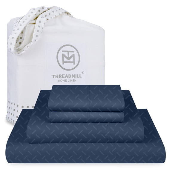 Threadmill 100% Cotton Sheets for King Size Bed | 4 Pc King Bed Sheets Set | Soft, Breathable Lightweight Damask Sateen for All-Season Use | Snug Fit Elastic Deep Pocket King Sheets | Folkstone Blue