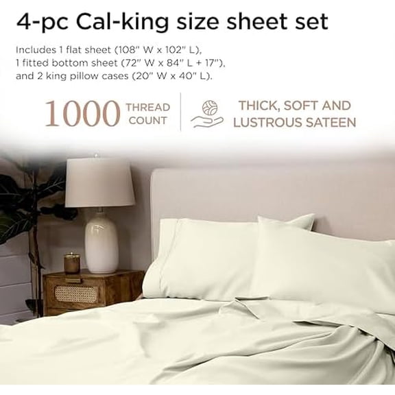 Threadmill Certified 100% American Supima Cotton Sheets, California King Sheet, 1000 Thread Count Hotel Quality Sateen Weave, 4 Pc Luxury Bed Sheet Set, Ivory Sheets with Elasticized Deep Pocket