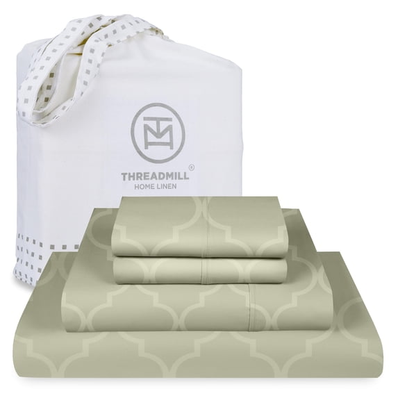 Threadmill Cotton Full Size Sheet Set | 100% Cotton Sheets for Full Size Bed | Damask Jacquard Full Bed Sheets Set with 16” Deep Pocket | Soft Sateen Weave 4-Piece Cooling Bedding Set | Sage