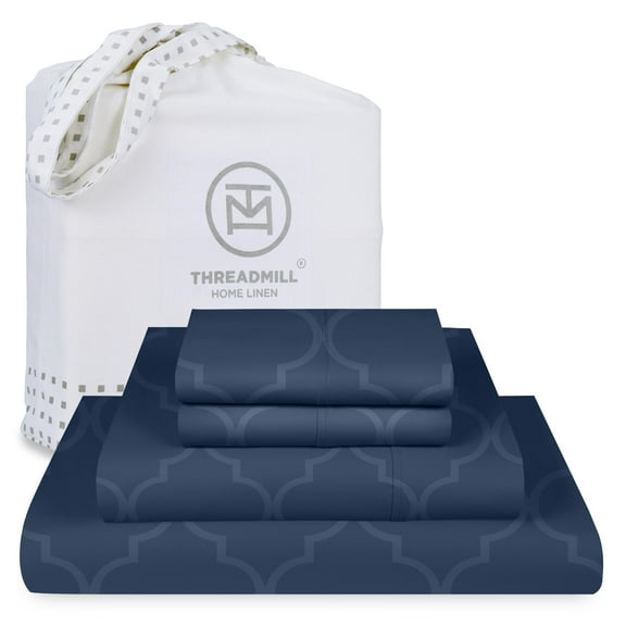 Threadmill Cotton Queen Sheet Set | 100% Cotton Sheets for Queen Size Bed | Damask Jacquard Queen Bed Sheets Set with 16” Deep Pocket | Soft Sateen Weave 4-Piece Cooling Bedding Set | Folkstone Blue
