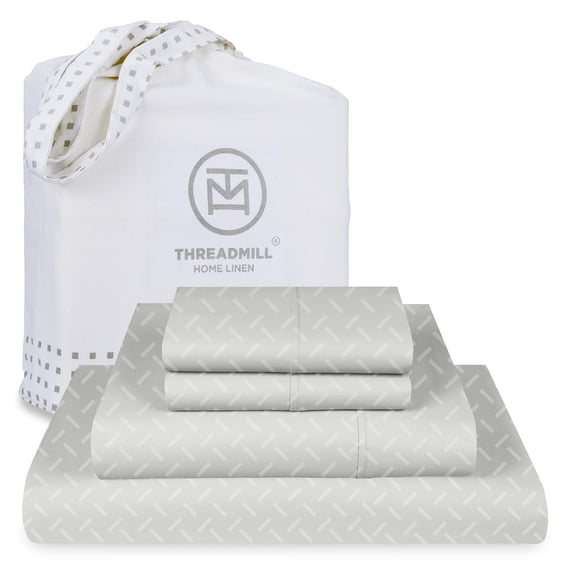 Threadmill Cotton Queen Sheet Set | 100% Cotton Sheets for Queen Size Bed | Damask Jacquard Queen Bed Sheets Set with 16” Deep Pocket | Soft Sateen Weave 4-Piece Cooling Bedding Set | Light Grey
