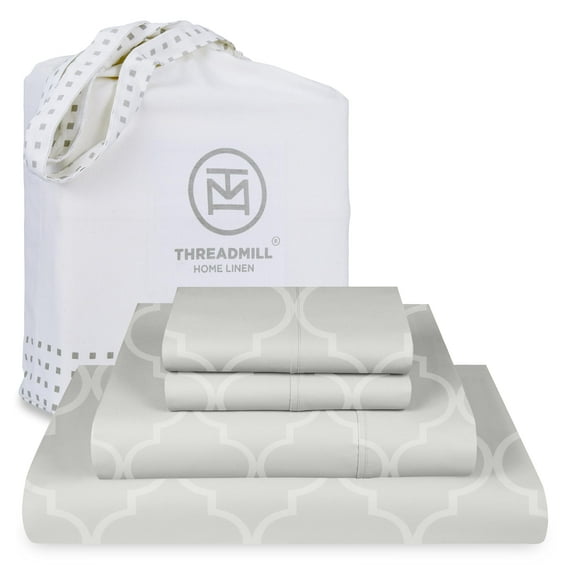 Threadmill Cotton Queen Sheet Set | 100% Cotton Sheets for Queen Size Bed | Damask Jacquard Queen Bed Sheets Set with 16” Deep Pocket | Soft Sateen Weave 4-Piece Cooling Bedding Set | Light Grey