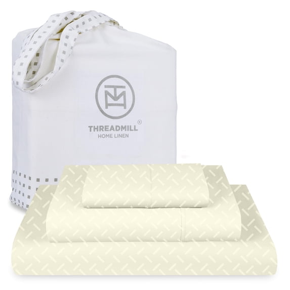 Threadmill Cotton Twin Sheet Set | 100% Cotton Sheets for Twin Size Bed | Damask Jacquard Sateen Twin Bed Sheets Set with 16” Deep Pocket | Soft Breathable 3-Piece Cooling Sheet Set | Ivory