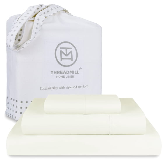 Threadmill Cotton Twin Sheet Set | 100% Cotton Sheets for Twin Size Bed | Solid Sateen Twin Bed Sheets Set with 16” Deep Pocket | Soft Breathable 3-Piece Cooling Sheet Set | Ivory
