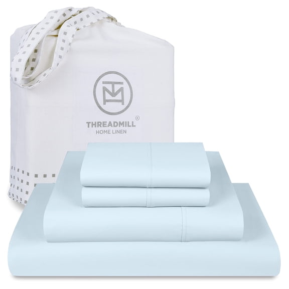 Threadmill Home Linen 100% Cotton King Bed Sheets Set - 4-Piece, 300 Thread Count, Lightweight Sateen, Light Blue