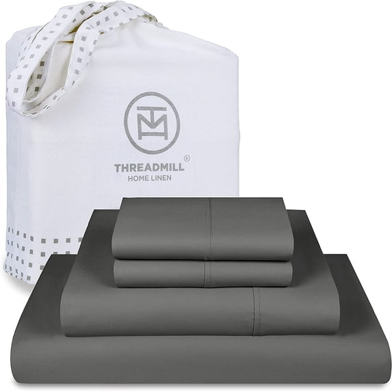 Threadmill Home Linen 100% Cotton Sheets for Cal King Size Bed - 600 Thread Count Cal King Bed Sheets Set with 16” Deep Pocket - Sateen Weave 4-Piece Bedding Set with Cooling Effect, Dark Grey