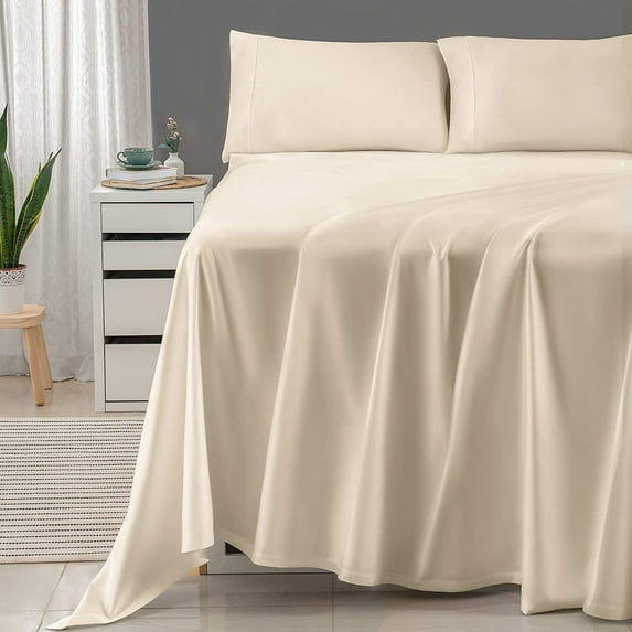 Threadmill Home Linen 100% Cotton Sheets for Cal King Size Bed - 600 Thread Count Cal King Bed Sheets Set with 16” Deep Pocket - Sateen Weave 4-Piece Bedding Set with Cooling Effect, Beige