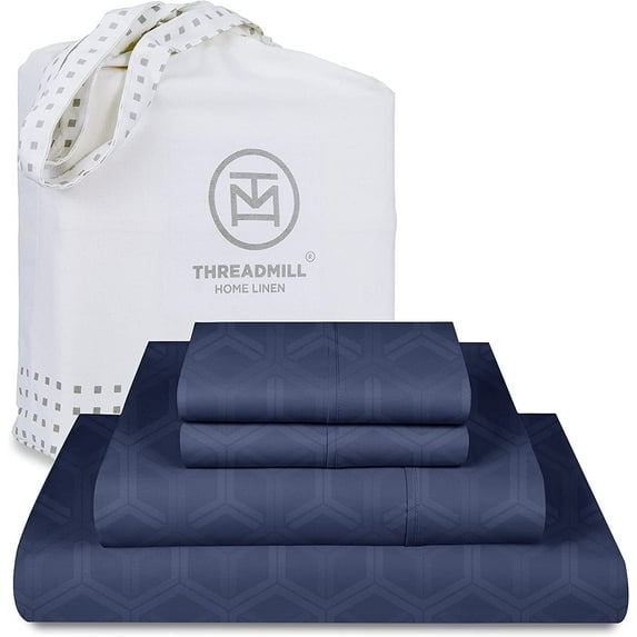Threadmill Home Linen 100% Cotton Sheets for King Size Bed - 600 Thread Count King Bed Sheets Set with 16” Deep Pocket - Jacquard Sateen Weave 4-Piece Bedding Set with Cooling Effect, Folkstone Blue