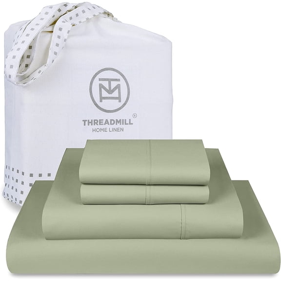 Threadmill Home Linen 100% Cotton Sheets for Twin Size Bed- 600 Thread Count- Sateen Weave 3-PC Bedding Sheet Set, for Adult & Kids, Solid, Sage Green