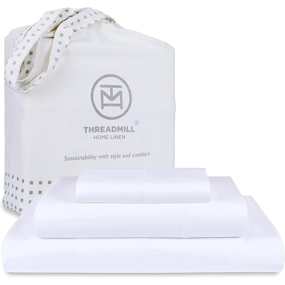 Threadmill Home Linen 3-Piece 300 Thread Count Cotton Bed Sheet Set, Twin-XL, White, Solid Print