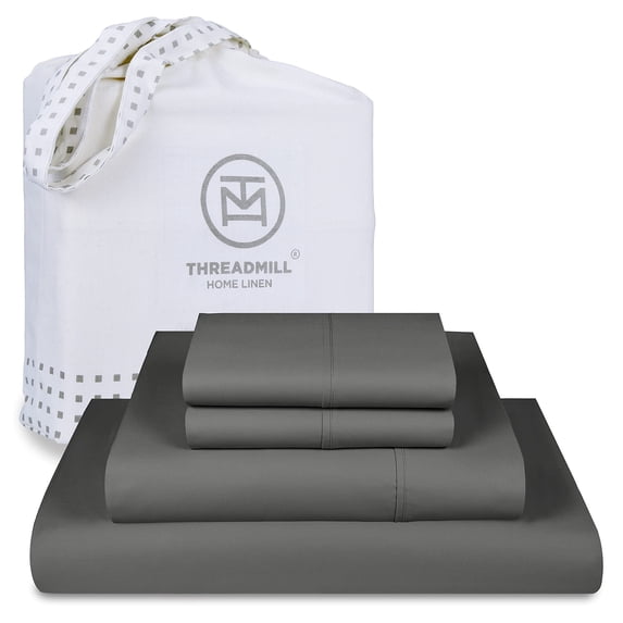 Threadmill Home Linen 4-Piece 300 Thread Count Cotton Sateen Full Bed Sheet Set, Deep Pocket, Gray Solid