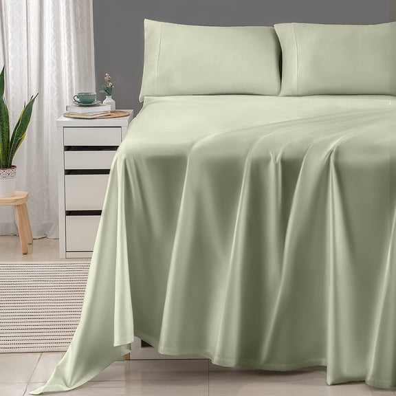 Threadmill Home Linen 4-Piece 600 Thread Count Sateen Weave Bed Sheet Sets, Solid Green, California King