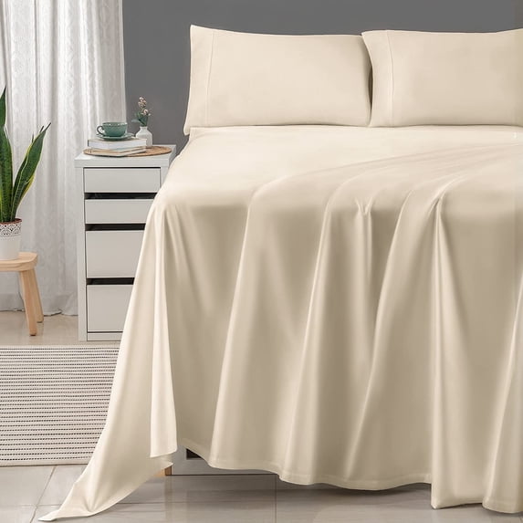Threadmill Home Linen 600 Thread Count 100% Cotton Queen Bed Sheets Set - 4-Piece Sateen Weave Bedding with Deep Pocket, Beige