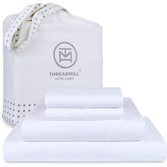 Threadmill Home Linen 600 Thread Count 4-Piece Bed Sheet Set, California King, White, Sateen Weave