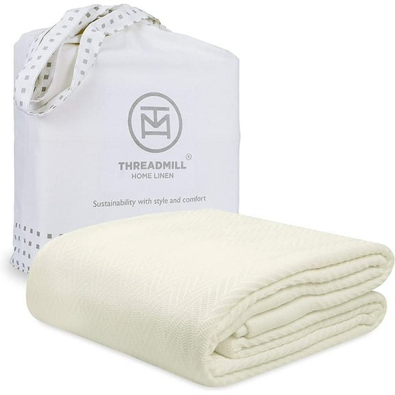 Threadmill Home Linen Cotton Blanket, All-Season, Herringbone, King Size, Tusk White