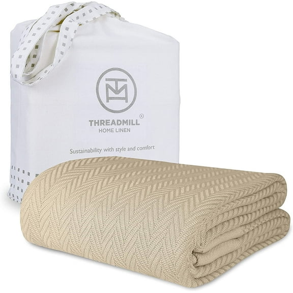 Threadmill Home Linen Cotton Blanket, Queen Size, All-Season Herringbone, 90x92, Beige