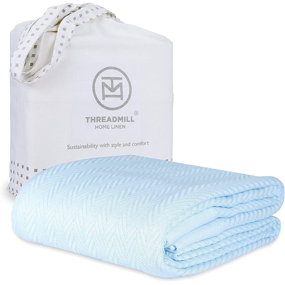 Threadmill Home Linen Cotton Blanket, Queen Size, All-Season Herringbone Cozy, Light Blue