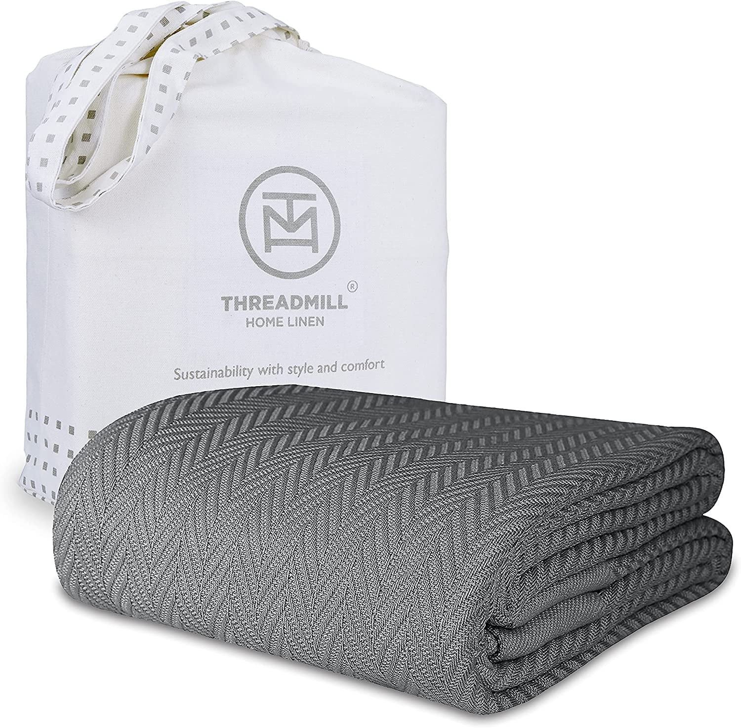 Full Dark Grey Cotton Herringbone Blanket