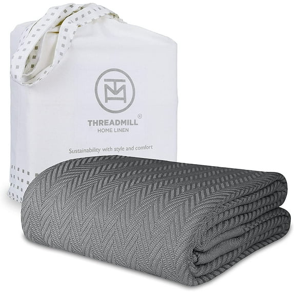 Threadmill Home Linen Cotton Blanket, Queen Size, All-Season Herringbone, Dark Grey