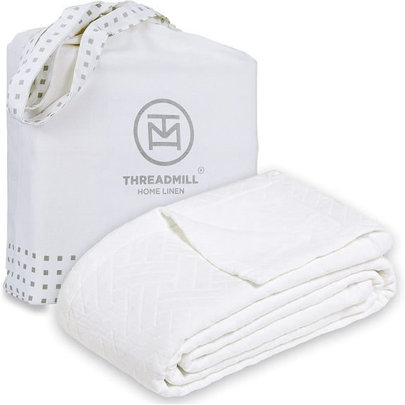 Threadmill Home Linen Cotton Blanket for King Size Bed, Criss Cross Jacquard, 104x92 inches, White